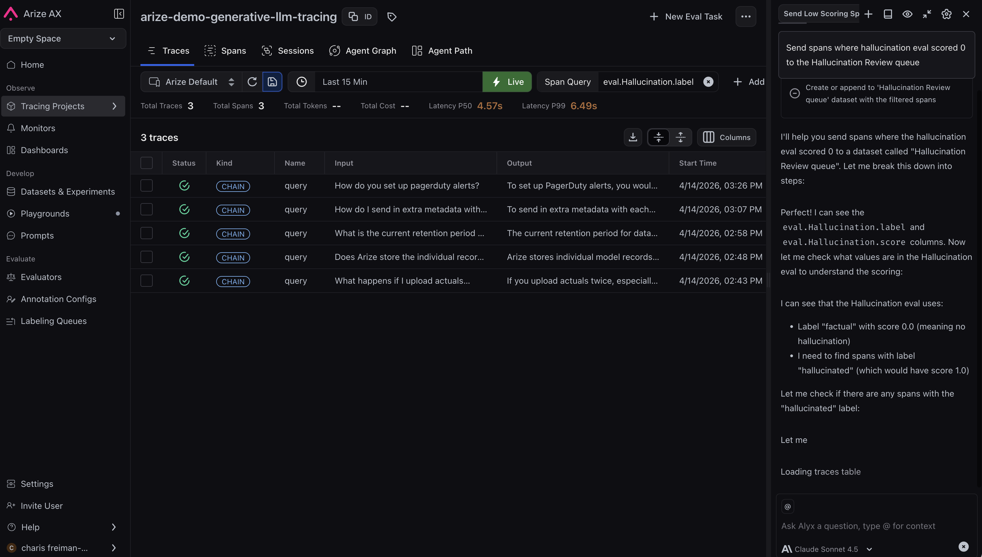 Tracing view with eval filter applied and Alyx sidebar suggesting sending low-scoring hallucination spans to the Hallucination Review labeling queue